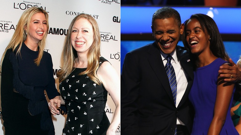 Ivanka Trump and Chelsea Clinton laughing, Barack and Malia Obama laughing