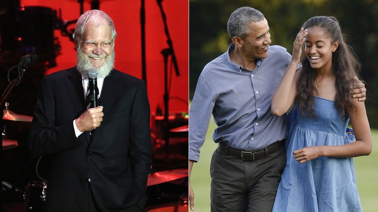 David Letterman smiling, Barack and Malia Obama laughing