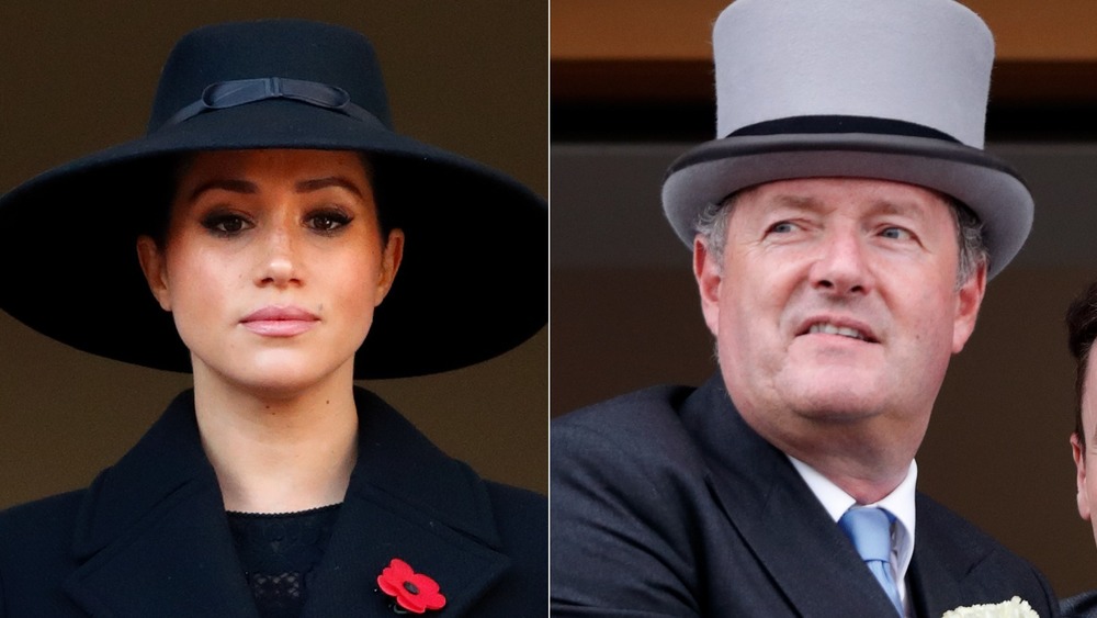 Meghan Markle staring and Piers Morgan sitting 