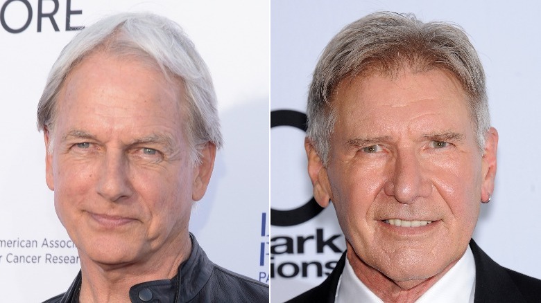 Mark Harmon and Harrison Ford split image