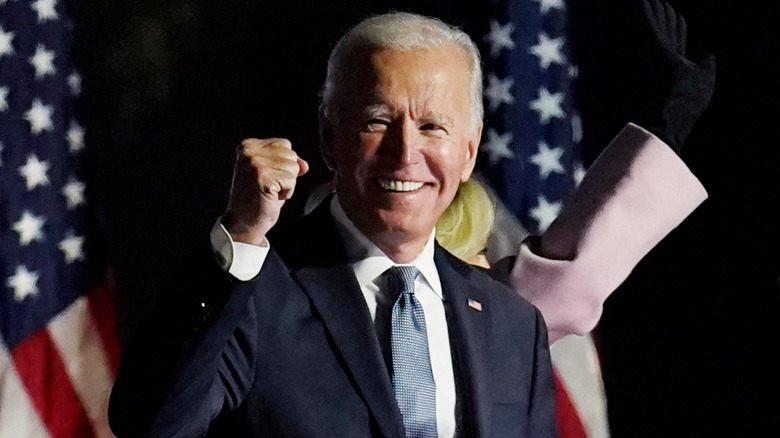 Joe Biden pumping fist on stage