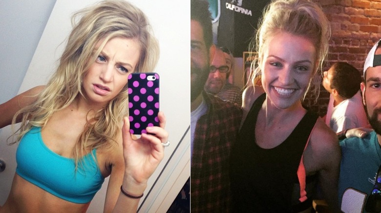 Split image of Carley Shimkus taking a selfie and posing with friends.