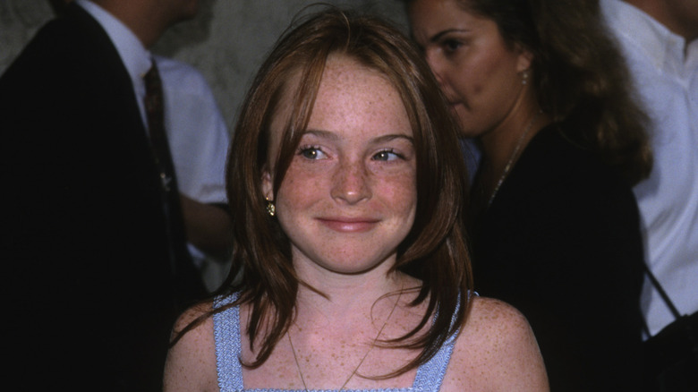 Lindsay Lohan wearing a purple dress