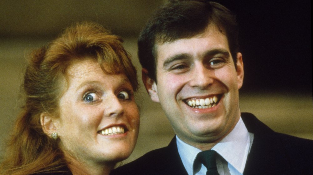 Prince Andrew, the Duke of York and Sarah Ferguson photographed at Buckingham Palace after the announcment of their engagement, London, 17th March 1986.