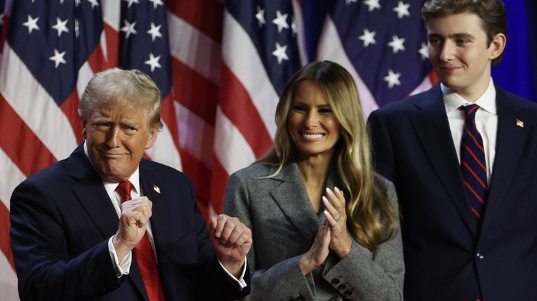 Donald Trump, Melania Trump, and Barron Trump on stage on Election Night (2024)