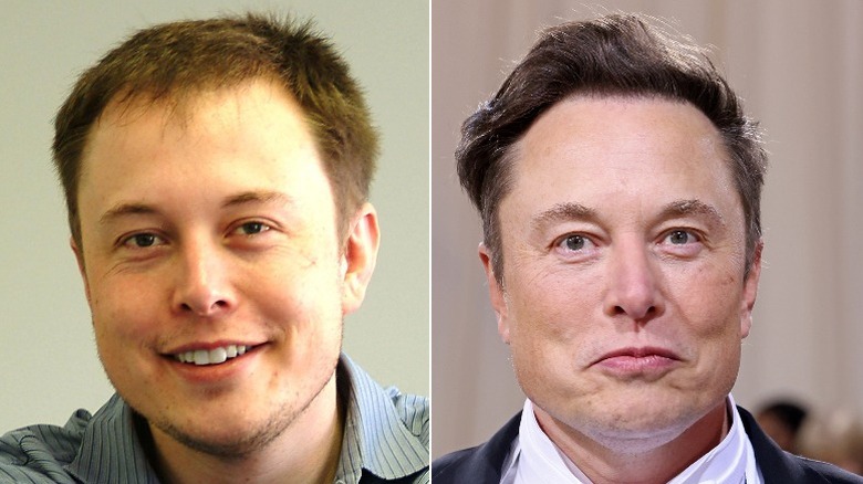 Split image of a young Elon Musk and older Elon Musk