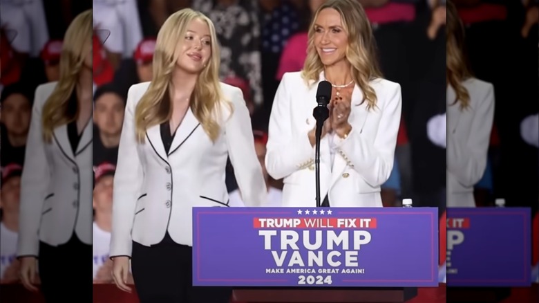 Tiffany Trump wearing white on stage with Lara Trump