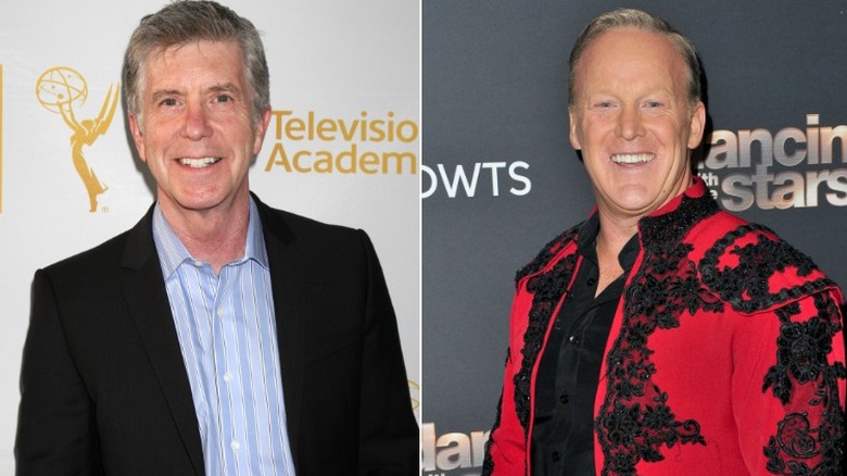 Tom Bergeron and Sean Spicer smiling in split image