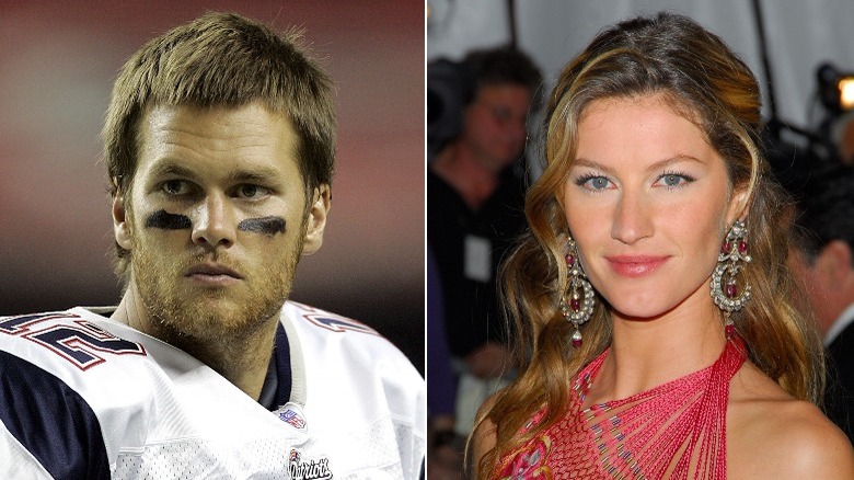 Tom Brady playing football and Gisele Bundchen posing in 2006, split image