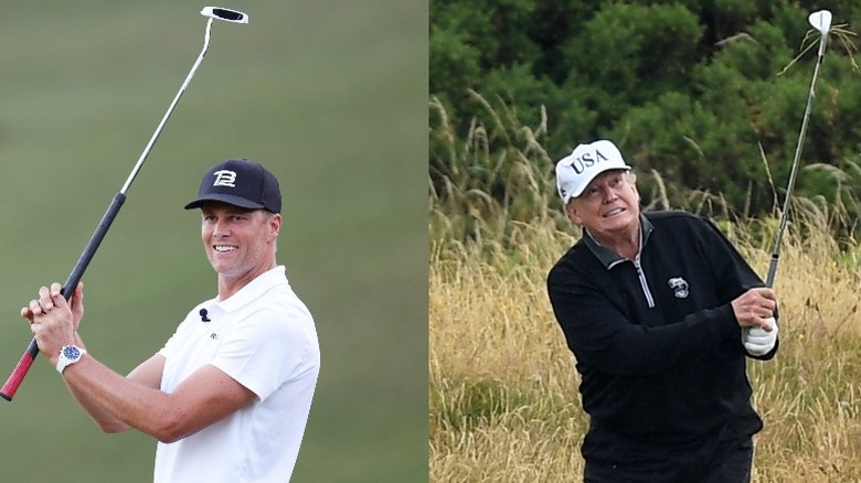 Tom Brady playing golf at Wynn Golf Club in June 2022;Donald Trump plays golf in Turnberry, Scotland