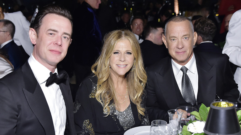 Colin Hanks sitting with stepmom Rita Wilson and dad Tom Hanks 