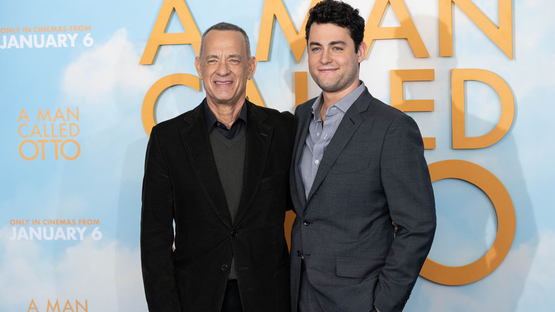 Tom Hanks and Truman Hanks posing on the red carpet