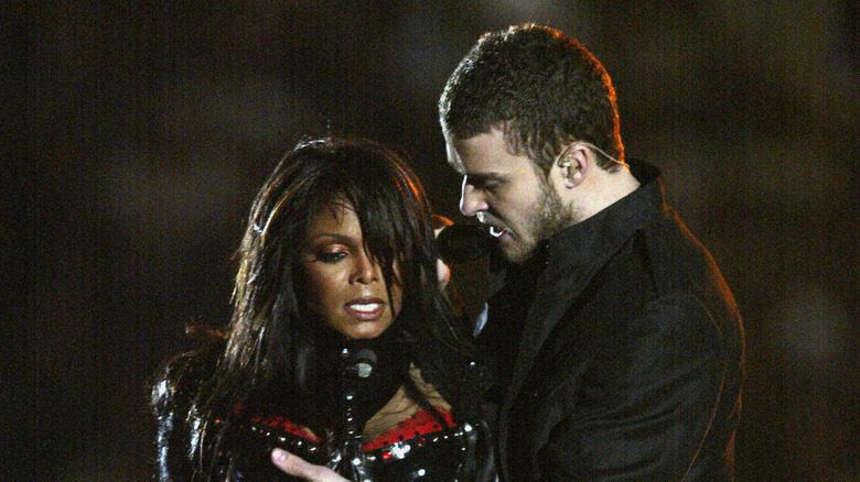 Janet Jackson and Justin Timberlake performing during the halftime show at Super Bowl XXXVIII between the New England Patriots and the Carolina Panthers