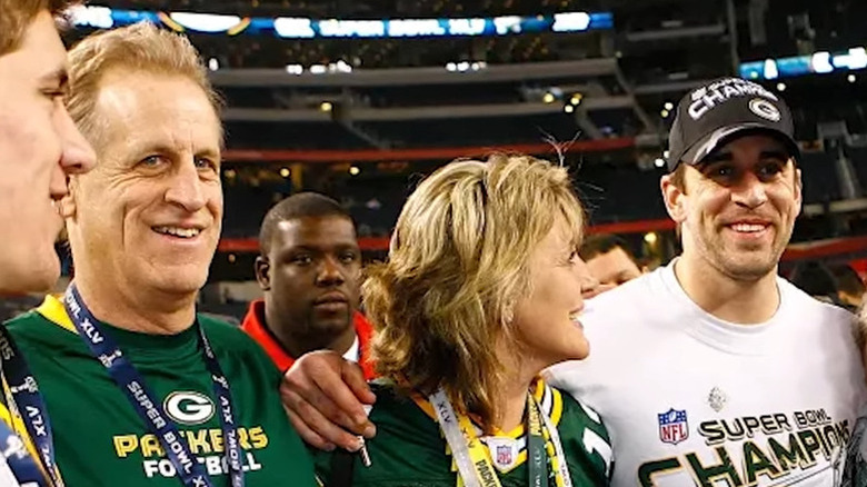 Aaron Rodgers poses with his family after winning the Super Bowl