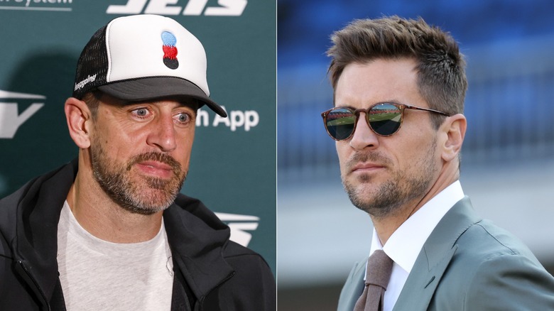 Aaron Rodgers wearing a hat at a press conference and Jordan Rodgers wearing a suit and sunglasses