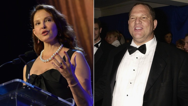 A split image of Ashley Judd and Harvey Weinstein