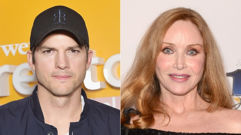 Ashton Kutcher looking serious, Tanya Roberts smiling