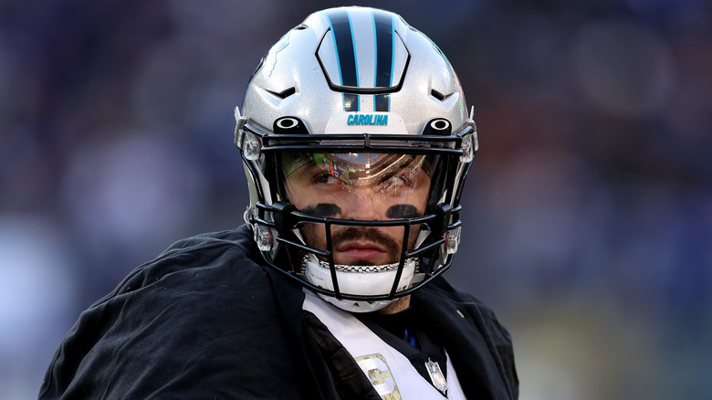 Baker Mayfield wearing his Carolina football helmet