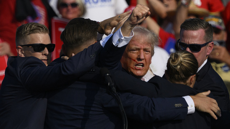 Donald Trump holding his fist in the air.