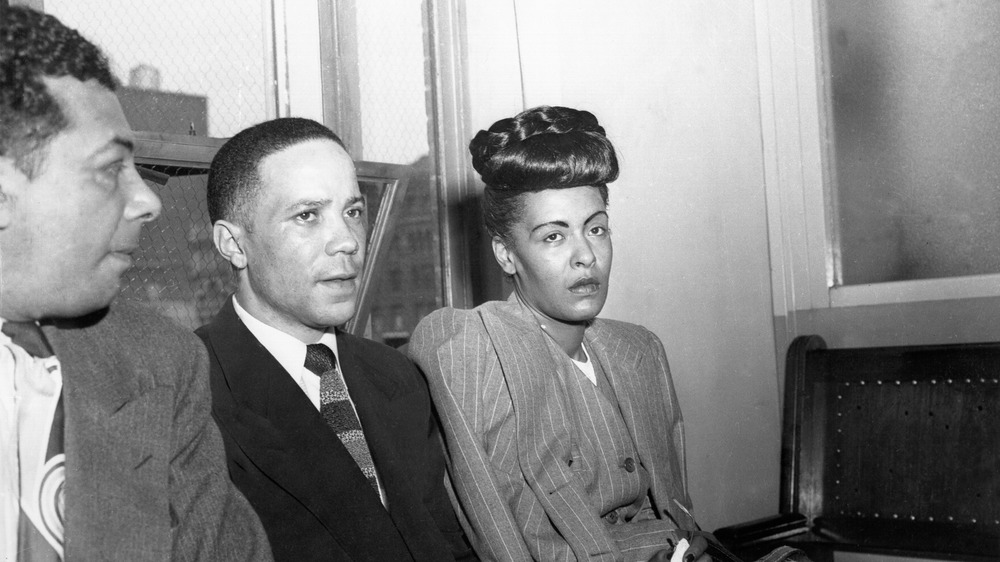 Billie Holiday seated, on trial