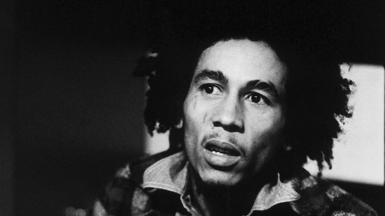 Black and white photo of Bob Marley