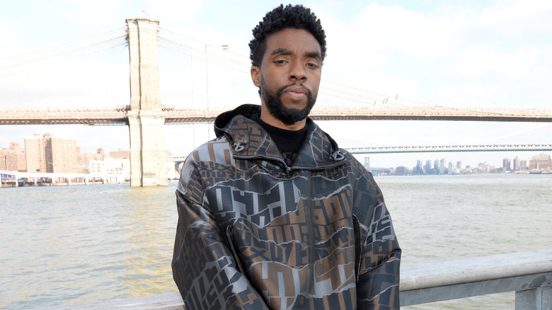 Chadwick Boseman poses in front of city bridge