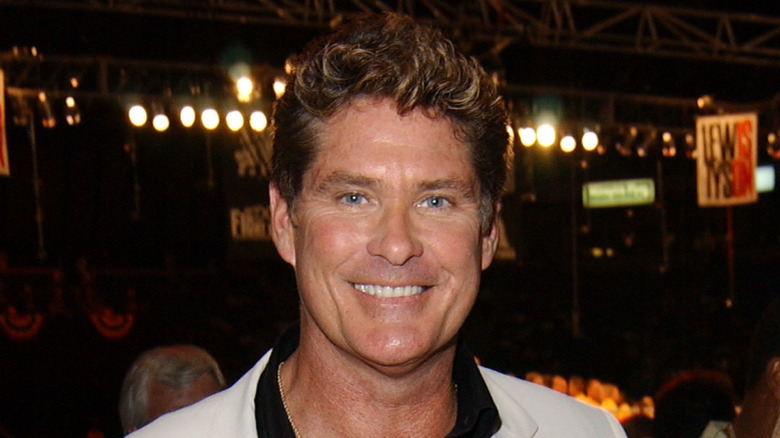 David Hasselhoff smiling at Lennox Lewis - Mike Tyson fight