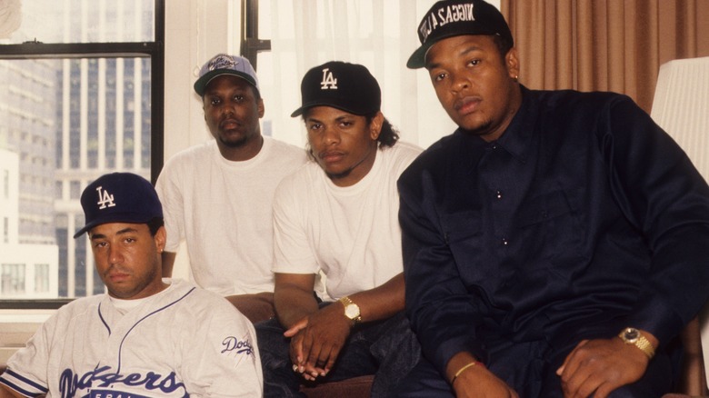 MC Ren, DJ Yella, Eazy-E, and Dr. Dre posing