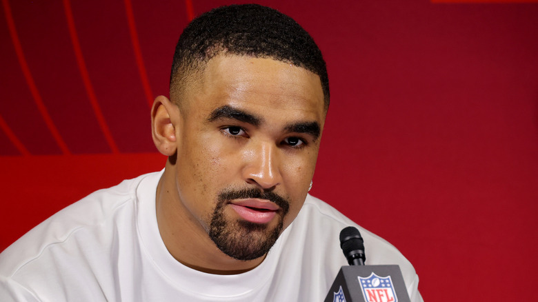 Jalen Hurts speaking during a press conference after the Philadelphia Eagles lost to the Kansas City Chiefs in Super Bowl LVII