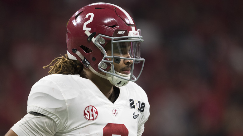 Jalen Hurts looking to the sidelines during the College Football Playoff National Championship against the Georgia Bulldogs