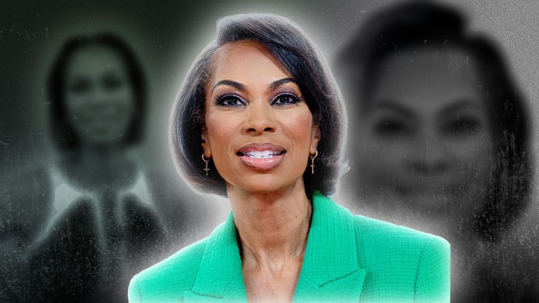 Harris Faulkner with blurry photos of Harris Faulkner in the background