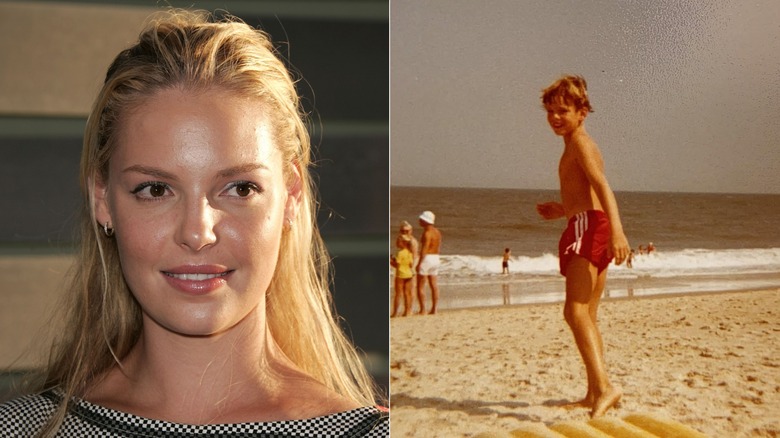 Katherine Heigl wearing a black and white checkered blouse and Jason Heigl in a swimsuit on the beach