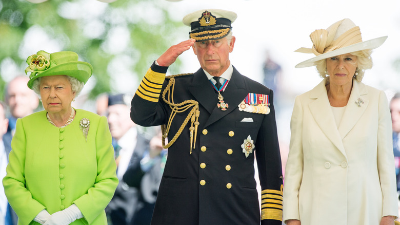 Queen Elizabeth green hat, Prince Charles saluting, Camilla Parker Bowles