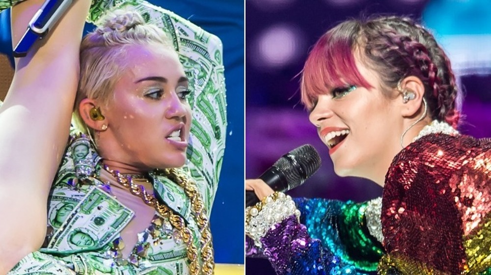 Miley Cyrus (left) and Lily Allen (right) performing on Bangerz tour