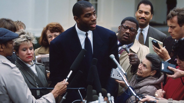 Magic Johnson speaking to press