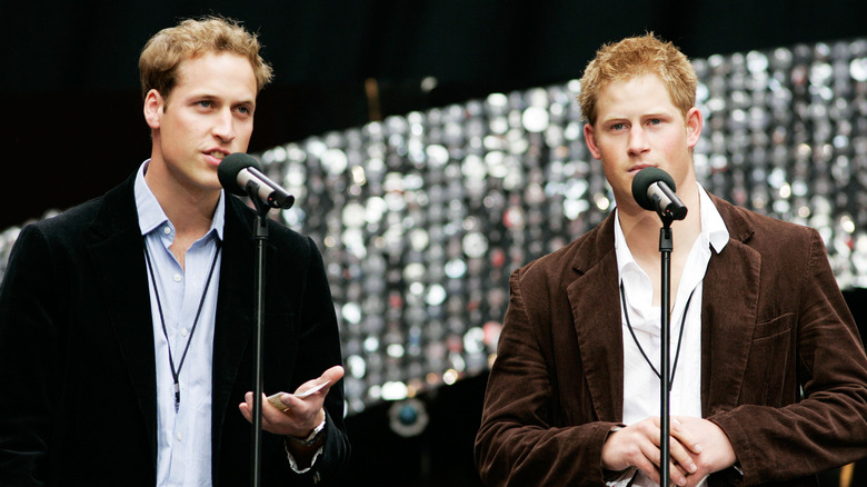 Prince William wearing a black jacket and blue collared shirt with Prince Harry wearing a brown jacket and white collared shirt