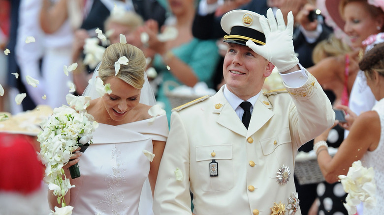 Princess Charlene wedding dress, Prince Albert white suit