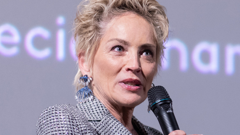 Sharon Stone speaking at an event 