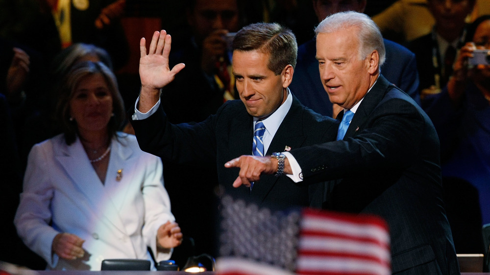 Joe Biden pointing and Beau Biden waving