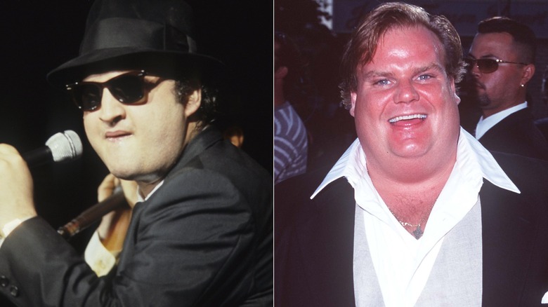 John Belushi as Jake Blues singing and Chris Farley smiling while wearing a suit with no tie