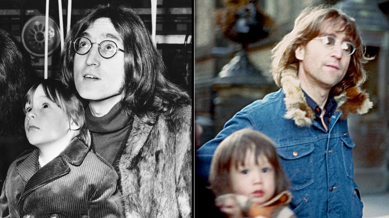 John Lennon and a young Julian Lennon on his lap (left); John Lennon and a young Sean Ono Lennon walking beside him outside (right)