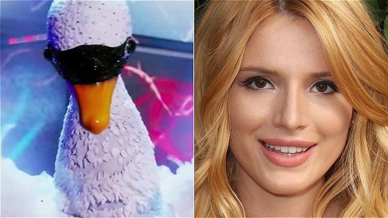 Masked Singer's Swan and Bella Thorne split image