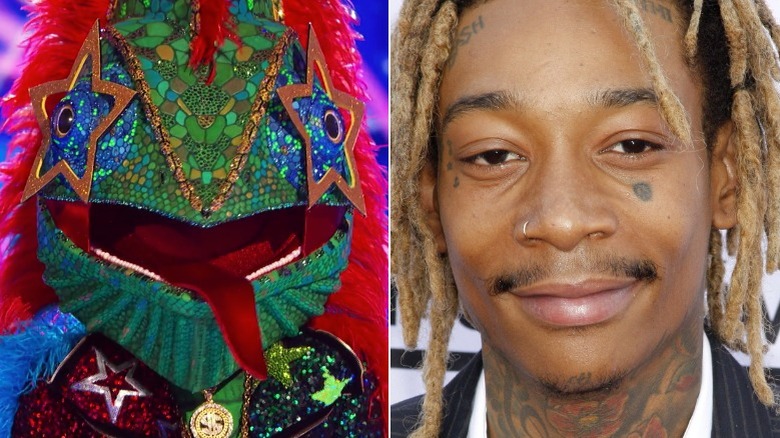 Masked Singer's Chameleon and Wiz Khalifa split image