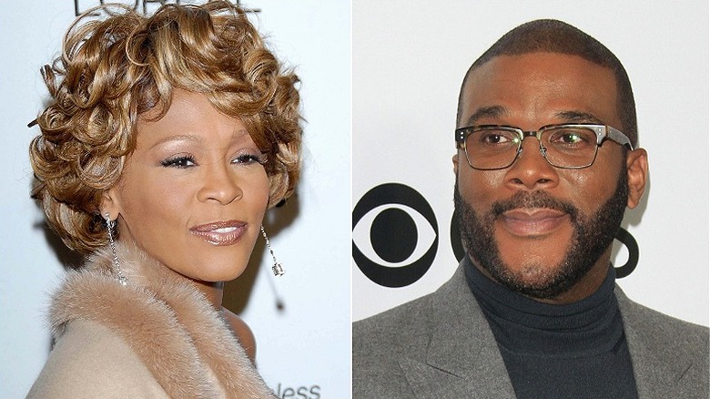 Left: Whitney Houston smiling, Right: Tyler Perry, smiling softly