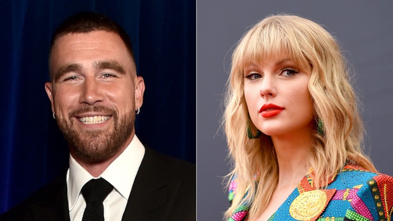 Split image of Travis Kelce, left, and Taylor Swift, right