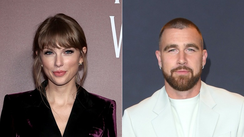 Split image of Taylor Swift smiling, left, and Travis Kelce, right