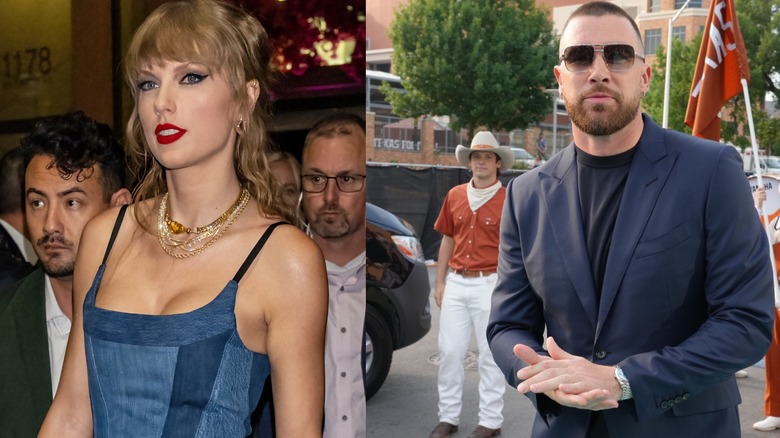 Taylor Swift and Travis Kelce posing