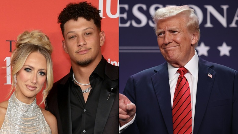 Split image of Brittany and Patrick Mahomes and Donald Trump