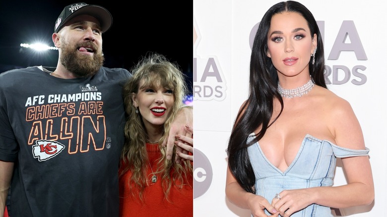 Travis Kelce and Taylor Swift, Katy Perry split image