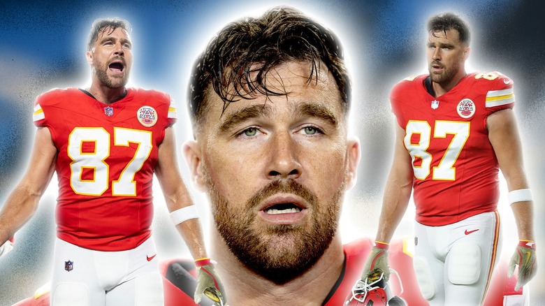 Three images of Travis Kelce in red Kansas City Chiefs uniform